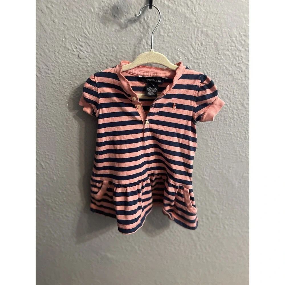 Ralph Lauren Shirt Dress Girls 9m Months Pink & Blue‎ Striped Pony Logo Ruffles